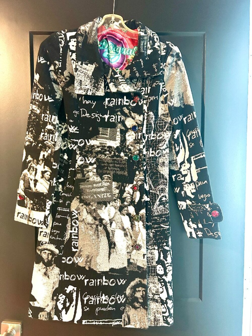 Desigual Rainbow Coat Black White Photomontage Jeweled Buttons